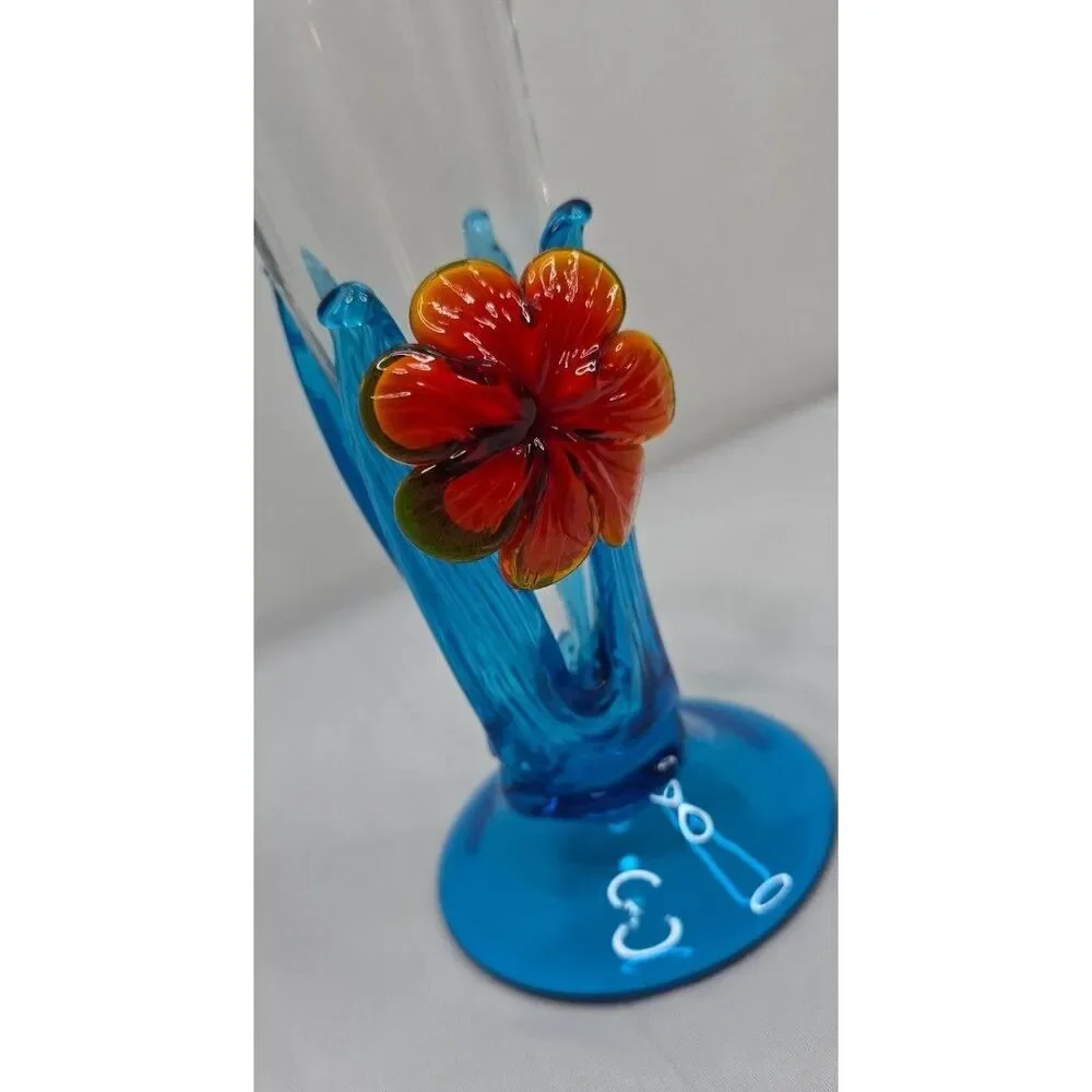 Vintage Murano Style Art Glass Vase | Blue Waves w/ Orange Flower | Hand Blown